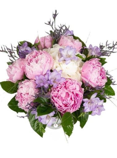 buchet-bujori-roz-hortensie-alba-frezie-mov-floral-studio-iasi
