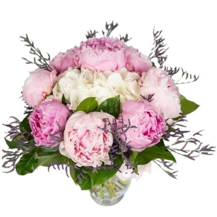 buchet-bujori-roz-si-hortensie-alba-floral-studio-iasi