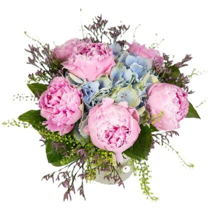 buchet-bujori-roz-si-hortensie-albastra-floral-studio-iasi