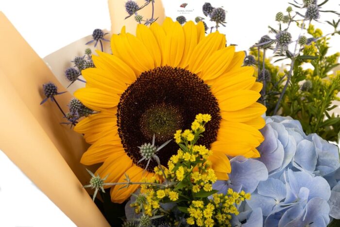 buchet-hortensie-albastra-floarea-soarelui-solidago-eryngium-floral-studio-iasi