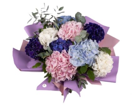 buchet-iubirea-verii-cu-hortensii-colorate - si-eucalipt-floral-studio-iasi