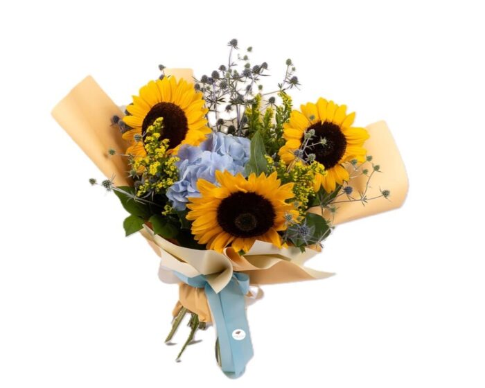 buchet-lumina-blanda-hortensie-albastra-floarea-soarelui-solidago-eryngium-floral-studio-iasi