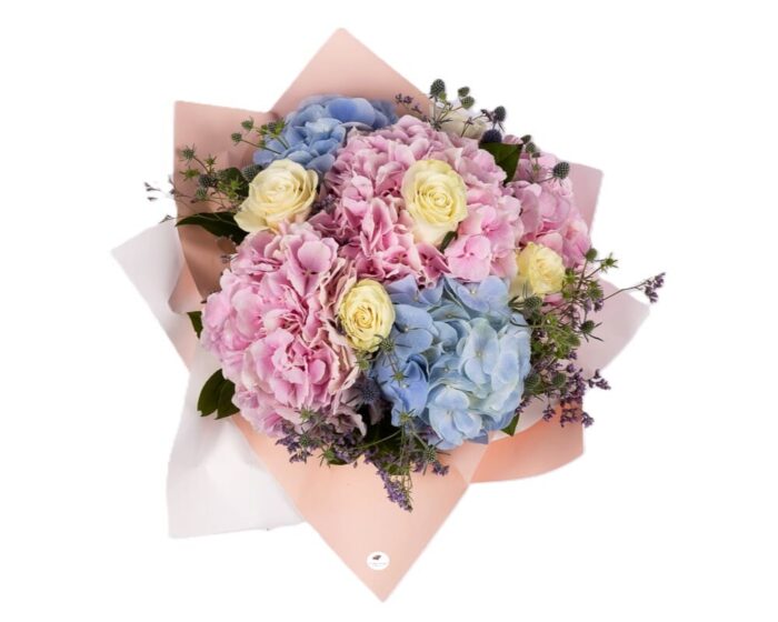 buchet-pastel-cu-hortensii-colorate-trandafiri-albi-eryngium-salal-floral-studio-iasi