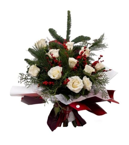 buchet-11-trandafiri-albi-si-ilex-floral-studio-iasi