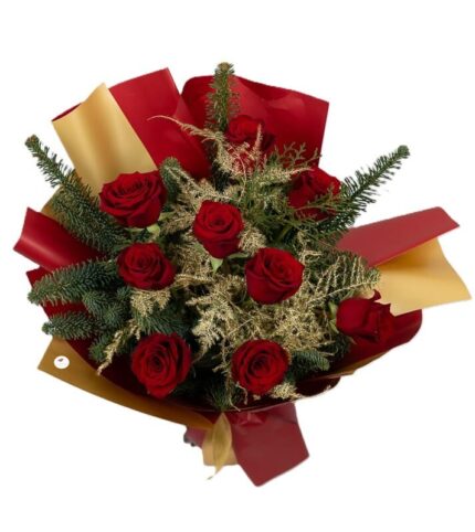 buchet-9-trandafiri-rosii-asparagus-auriu-floral-studio-iasi