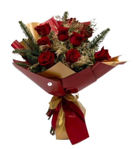 buchet-9-trandafiri-rosii-si-asparagus-auriu-floral-studio-iasi