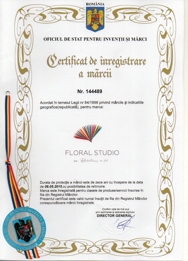 Certificat Marca Înregistrată Floral Studio