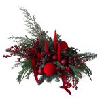 Aranjament roșu cu brad natural, lumânări și fundițe catifea - imagine 2