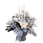 Aranjament silver în vas elegant cu brad artificial și lumânări
