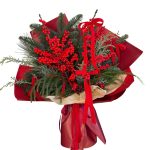 Buchet roșu cu Ilex și fundițe catifea