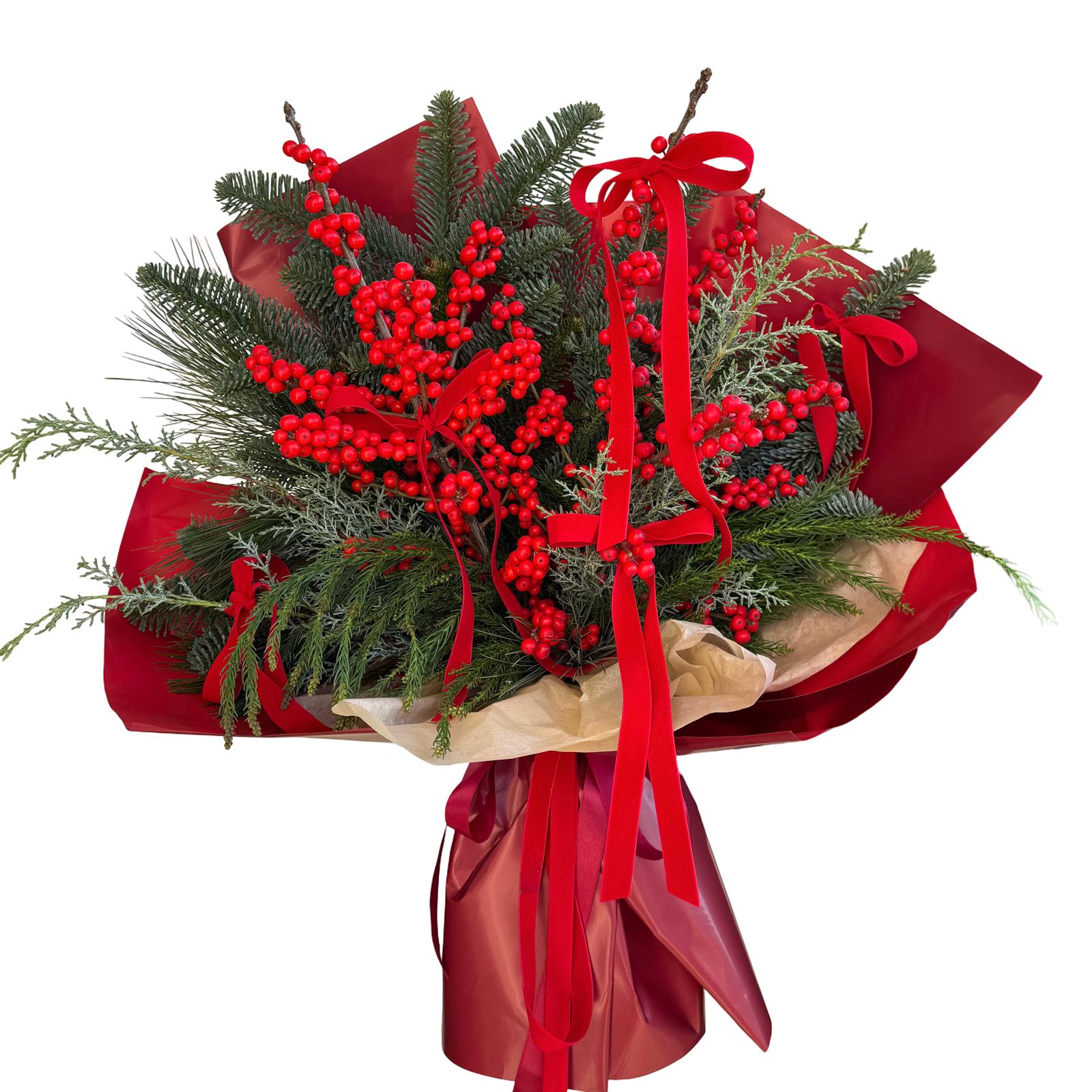 Buchet roșu cu ilex și fundițe catifea (1) Buchet roșu cu Ilex și fundițe catifea - imagine 1