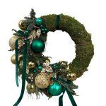 Coroniță cu brad natural și mușchi în nuanțe de auriu și verde