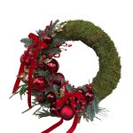 Coroniță cu brad natural și mușchi în nuanțe de roșu și auriu