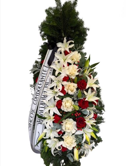 Coroană funerară crini și trandafiri - Floral Studio Iași
