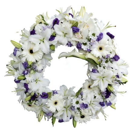 Coroană funerară cu crini și lisianthus mov - Floral Studio Iași