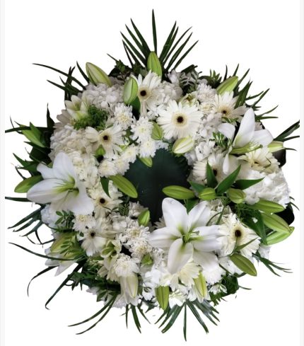 Coroană funerară cu gerbera albă și crin - Floral Studio Iași