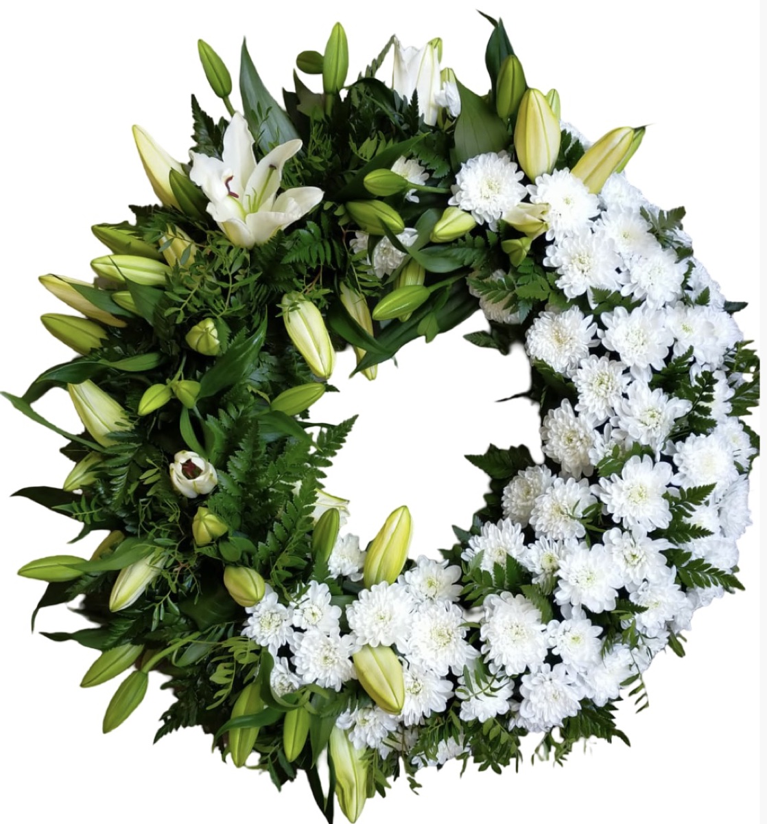 Coroană rotundă alb-verde - Floral Studio Iași Coroană rotundă alb-verde - Floral Studio Iași